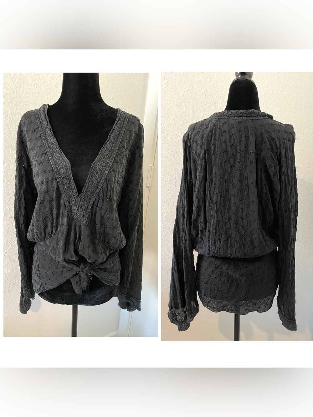 Johnny Was Women’s XL Gray Embroidered Lace Trim V-Neck Long Sleeve Blouse